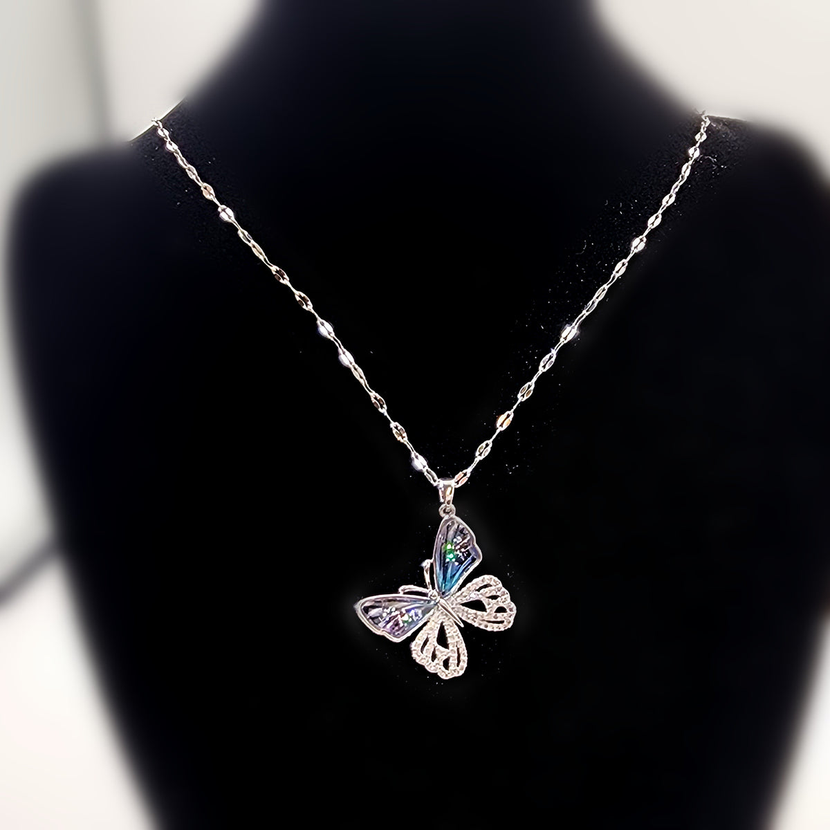 Dainty silver necklace with big butterfly  and  white zircon, necklace with zircon, delicate necklace gift for her