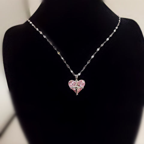 Dainty silver necklace with  pink  zircon heart, pink silver necklace with zircon, delicate necklace| gift for her|pendants necklace