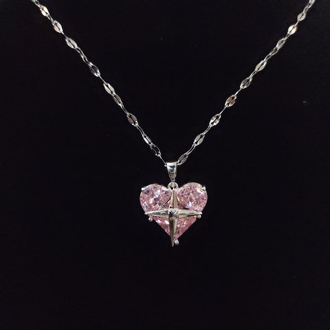 Dainty silver necklace with  pink  zircon heart, pink silver necklace with zircon, delicate necklace| gift for her|pendants necklace