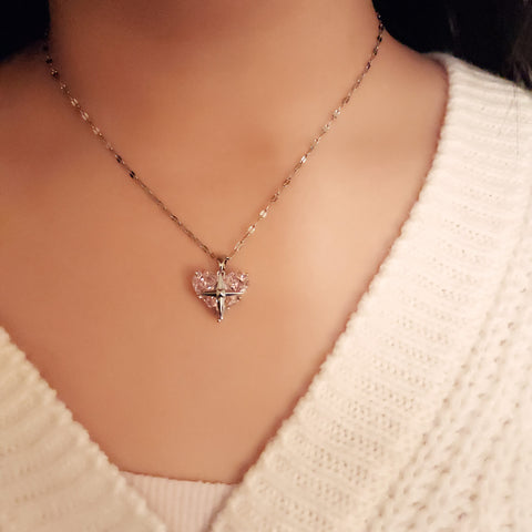 Dainty silver necklace with  pink  zircon heart, pink silver necklace with zircon, delicate necklace| gift for her|pendants necklace