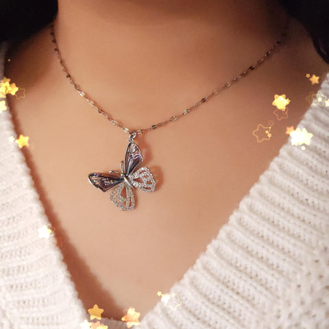 Dainty silver necklace with big butterfly  and  white zircon, necklace with zircon, delicate necklace gift for her