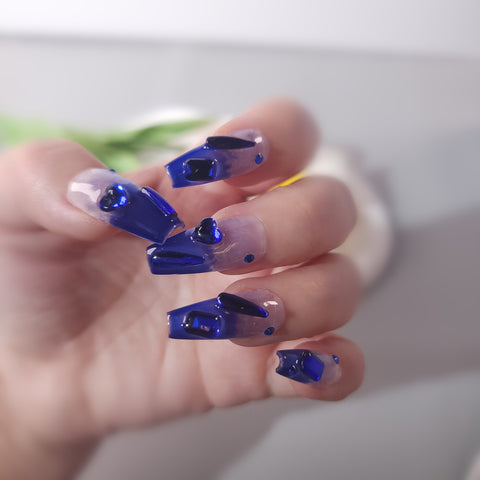 Press on Nails| Medium Coffin |Diamond 3D Nails Fun| Klein blue| False Nails gift for her|y2k stick on nails|Birthday Gift|bling nails