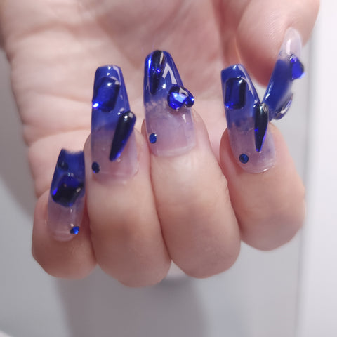 Press on Nails| Medium Coffin |Diamond 3D Nails Fun| Klein blue| False Nails gift for her|y2k stick on nails|Birthday Gift|bling nails
