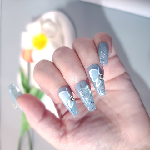 Press on Nails| Medium Coffine |ice blue flower |False Nails gift for her|bling nails||y2k press on nails|shimmer nails|summer|hand painted