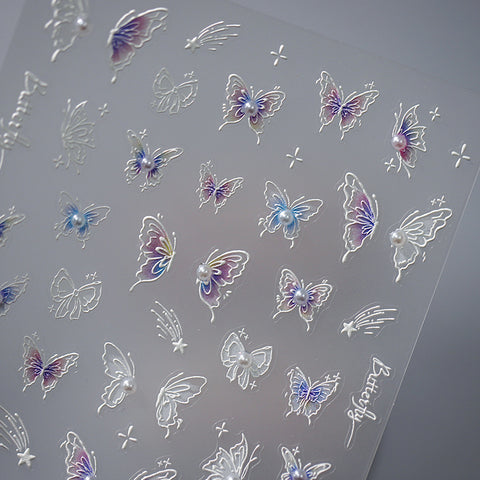 Embossed Nail Sticker white butterfly pearl  5D Self-Adhesive