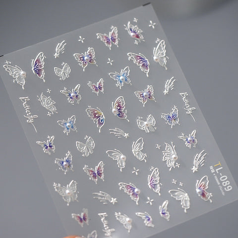 Embossed Nail Sticker white butterfly pearl  5D Self-Adhesive