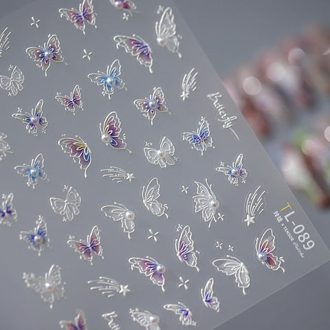 Embossed Nail Sticker white butterfly pearl  5D Self-Adhesive