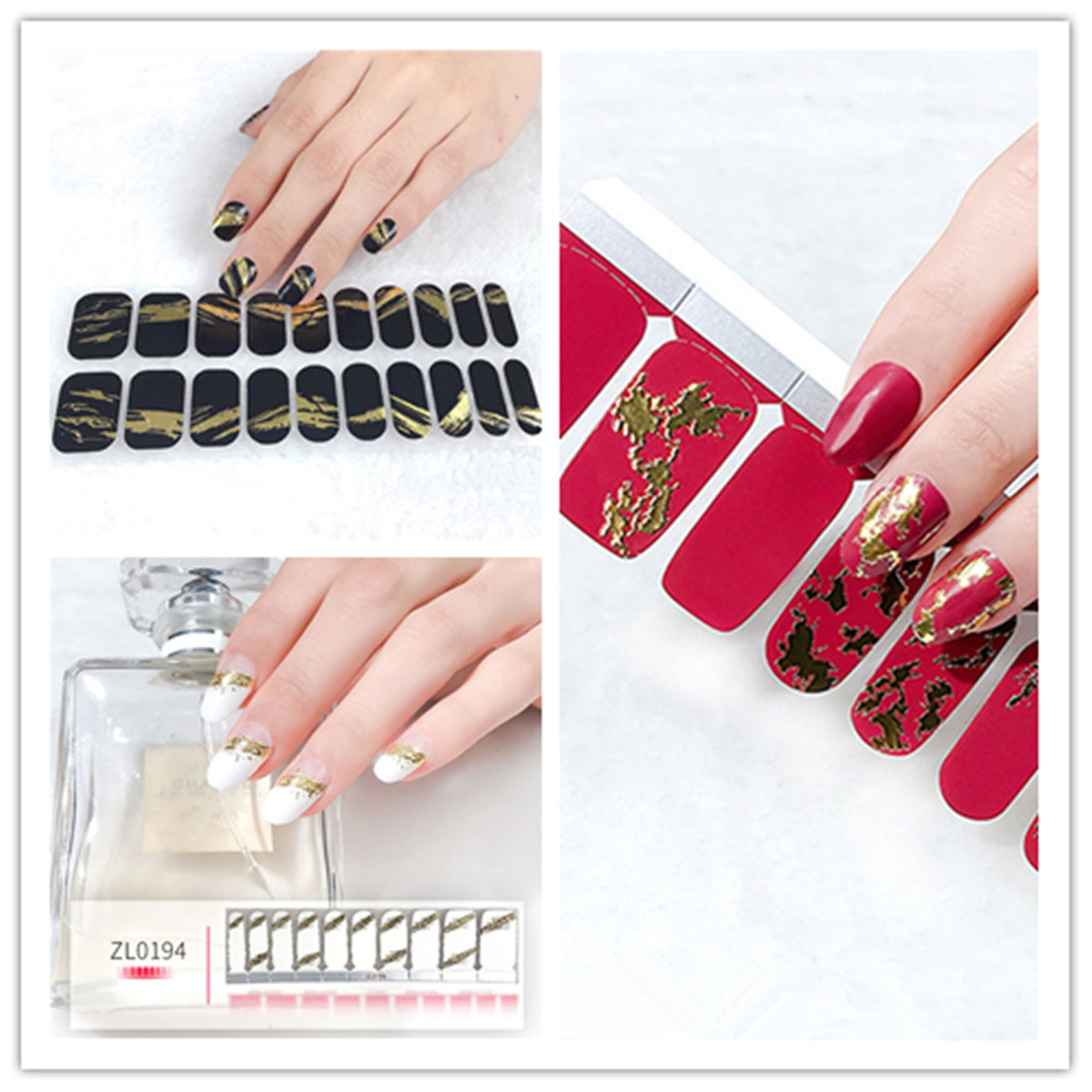 Nail Wraps, Nail Decals, Nail Strips, Nail Stickers- black and gold, red and gold, white and gold easy nail wraps art 20 pcs