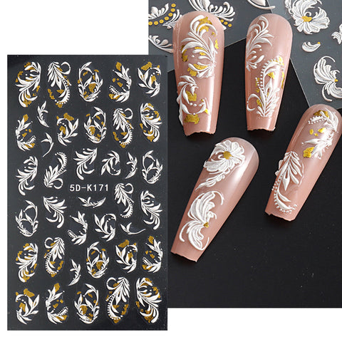 Nail Art Decals|Embossed white and gold flower| Nail Sticker| Nail Diy  -  5D Self-Adhesive Nail Sticker