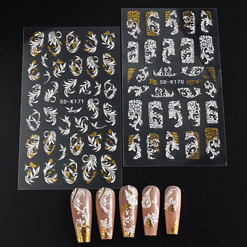 Nail Art Decals|Embossed white and gold flower| Nail Sticker| Nail Diy  -  5D Self-Adhesive Nail Sticker