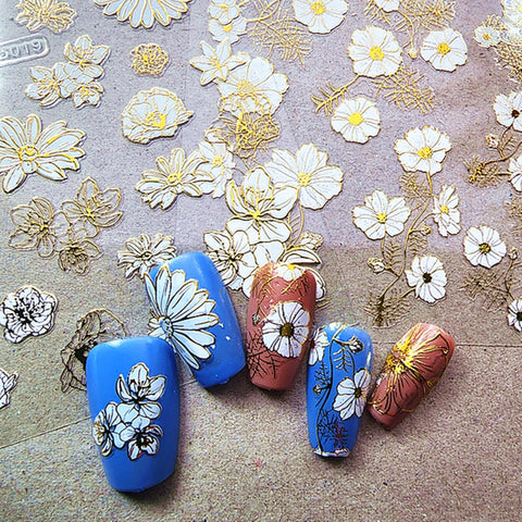 Nail decals sticker Gold Sakura Cherry daisy | Flowers Leaf 3D Self-Adhesive translucent Nail Sticker Valentine's Day