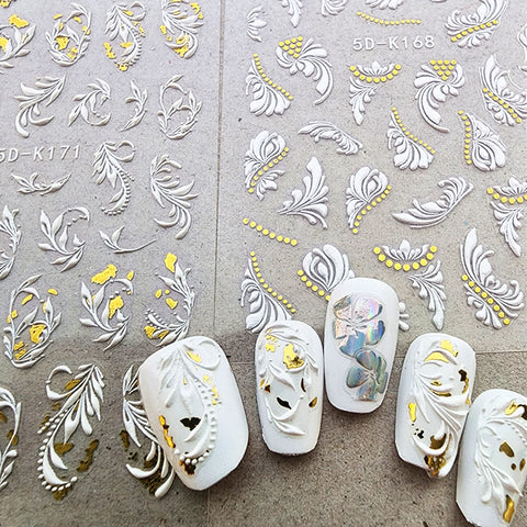 Nail Art Decals|Embossed white and gold flower| Nail Sticker| Nail Diy  -  5D Self-Adhesive Nail Sticker