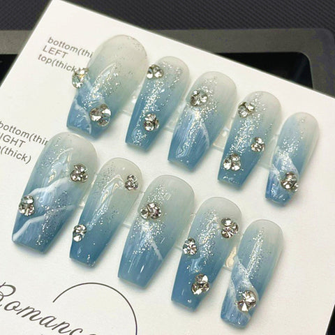 Press on Nails| Medium Coffin|blue ocean | False Nails gift for her|Diamond 3D Nails Fun|y2k press on nails|bling nails|shimmer nails