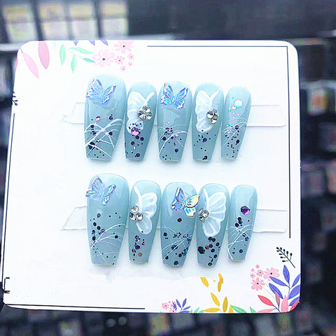 Press on Nails| Medium Coffine |ice blue flower |False Nails gift for her|bling nails||y2k press on nails|shimmer nails|summer|hand painted