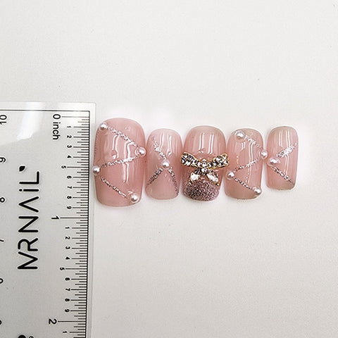 Press on Nails| Medium Coffin|baroque pearl and bow | False Nails gift for her|bling nails|glitter nails|y2k press on nails|hand painted