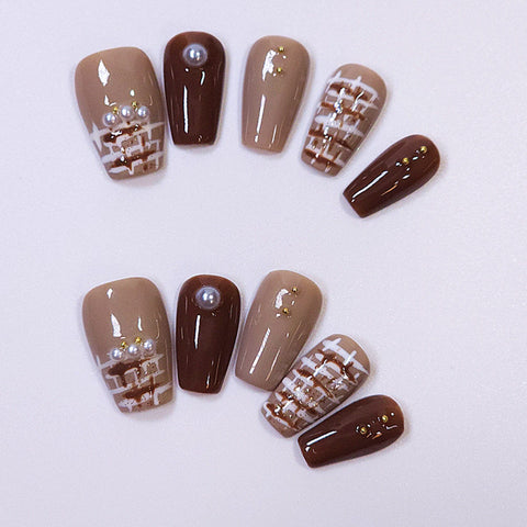 Press on Nails|short Coffin|baroque pearl brown|False Nails gift for her|office style|glitter nails|y2k press on nails|hand painted