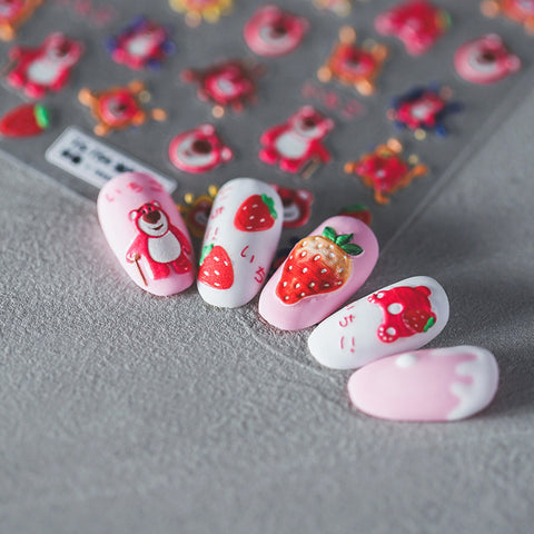 Nail Art Decals|Embossed Nail Sticker pink strawberry bear  | Nail Diy  -  5D Self-Adhesive Nail Sticker