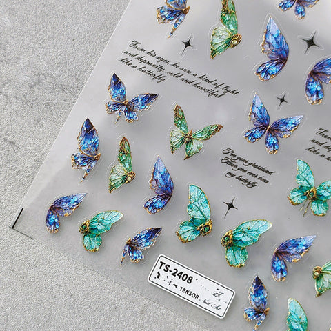 Nail Art Decals|Embossed Nail Sticker blue and green butterfly  | Nail Diy  -  5D Self-Adhesive Nail Sticker