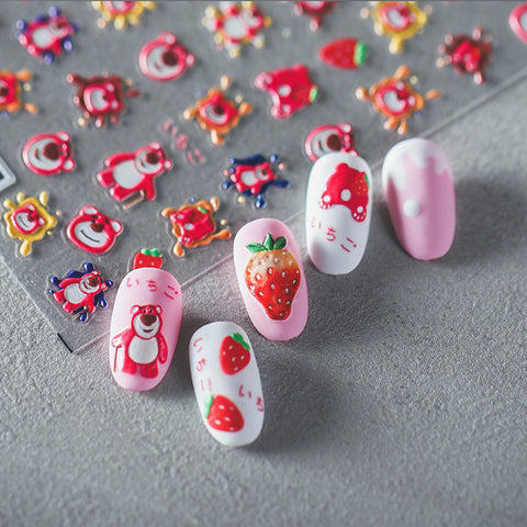 Nail Art Decals|Embossed Nail Sticker pink strawberry bear  | Nail Diy  -  5D Self-Adhesive Nail Sticker