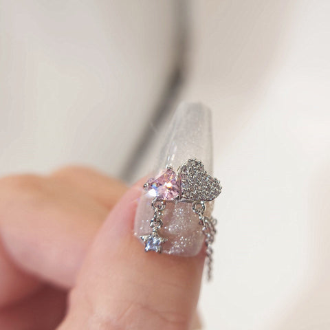 2 pcs High Quality Nail Metal earring charms|Nail Charms|3D Nail Art |Metal pink zircon heartNail Bling|Nail Crystal|Nail Rhinestone