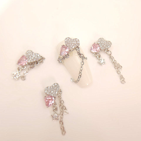 2 pcs High Quality Nail Metal earring charms|Nail Charms|3D Nail Art |Metal pink zircon heartNail Bling|Nail Crystal|Nail Rhinestone