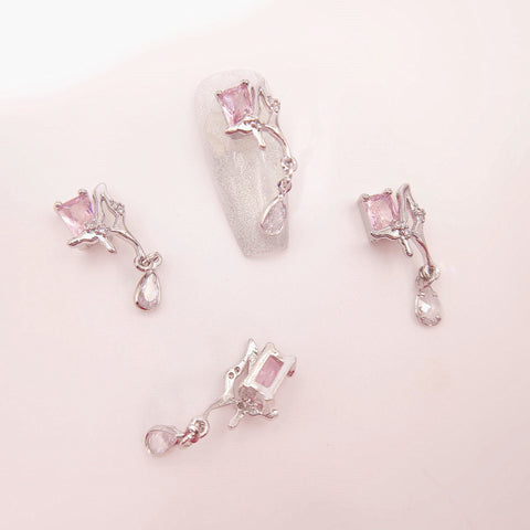 2 pcs High Quality heart and rose, Nail Charms, earring charm, Metal mosaic white and pink zircon, Nail Bling, Nail Crystal, Nail Rhinestone