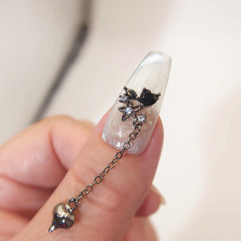 2 pcs High Quality Nail Charms|black inlaid transparent and black zirconia two finger chain ||Nail CrystalNail Rhinestone|gift