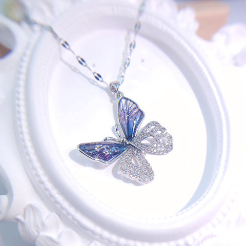 Dainty silver necklace with big butterfly  and  white zircon, necklace with zircon, delicate necklace gift for her