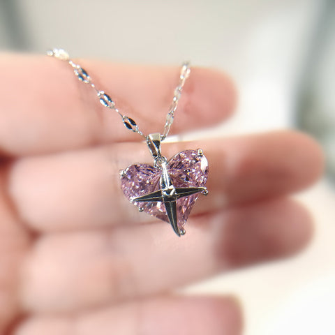 Dainty silver necklace with  pink  zircon heart, pink silver necklace with zircon, delicate necklace| gift for her|pendants necklace