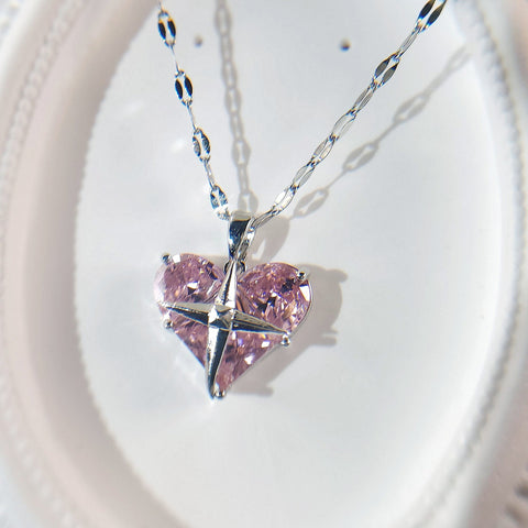 Dainty silver necklace with  pink  zircon heart, pink silver necklace with zircon, delicate necklace| gift for her|pendants necklace